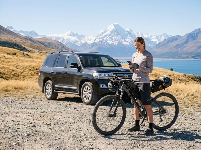 Cyclist at a Central Otago trailhead checking their phone